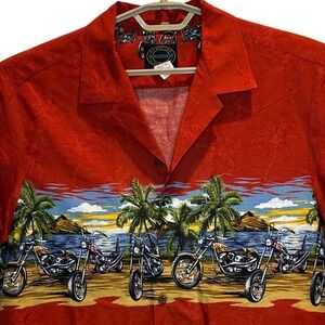 Hawaiian Reserve Collection Aloha Shirt Large Mens Red Motorcycle Chopper Bike